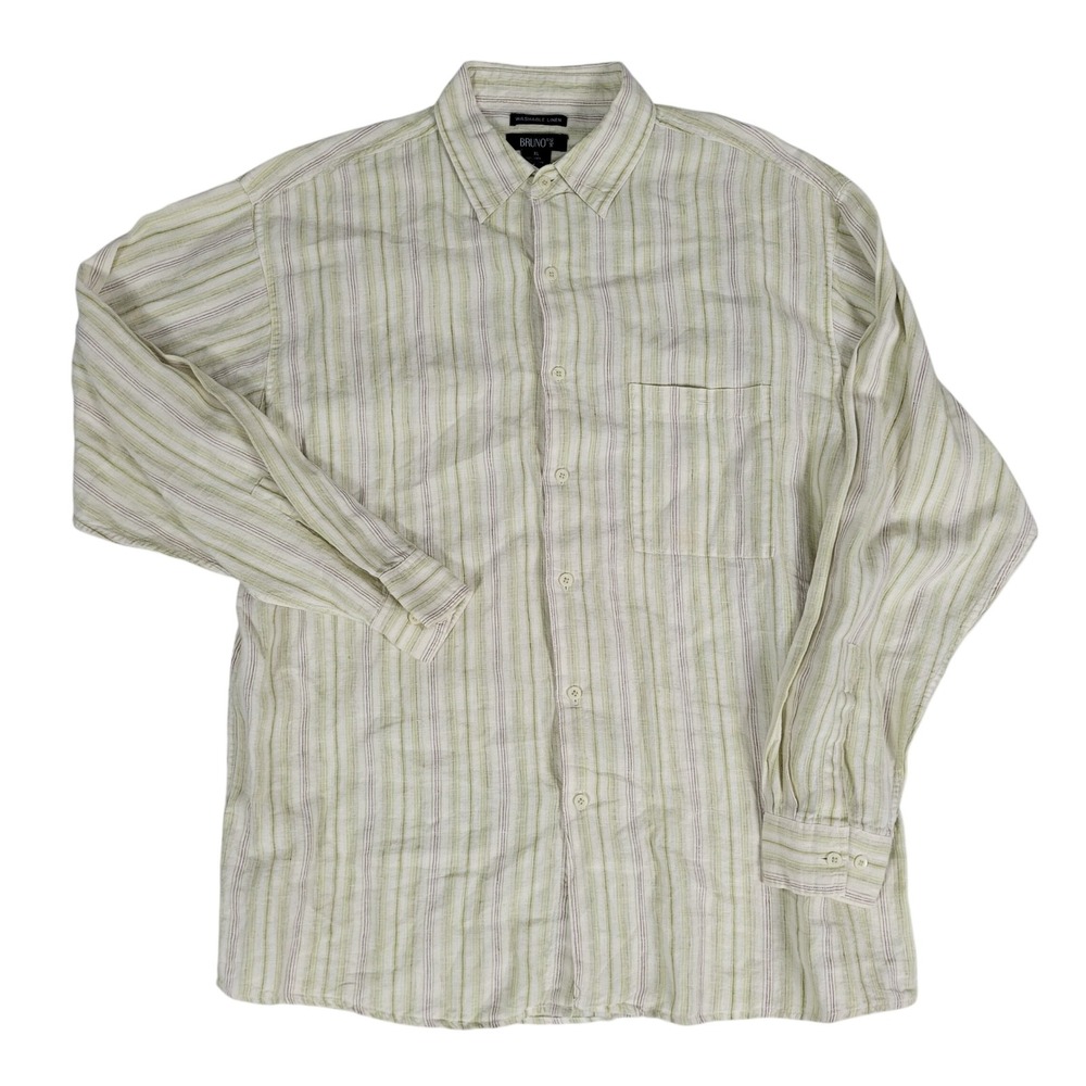 Bruno 100% Linen Button Down Shirt Mens Size XL Green Cream Striped Long Sleeve